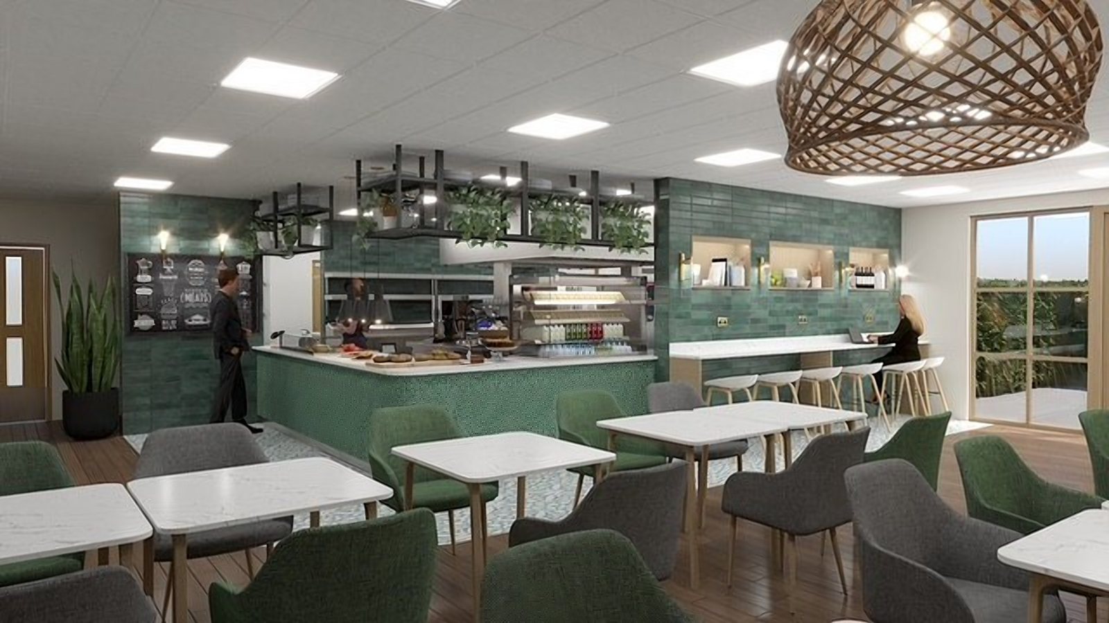 Design visual of the Farleigh cafe counter with green tiles and bar seating