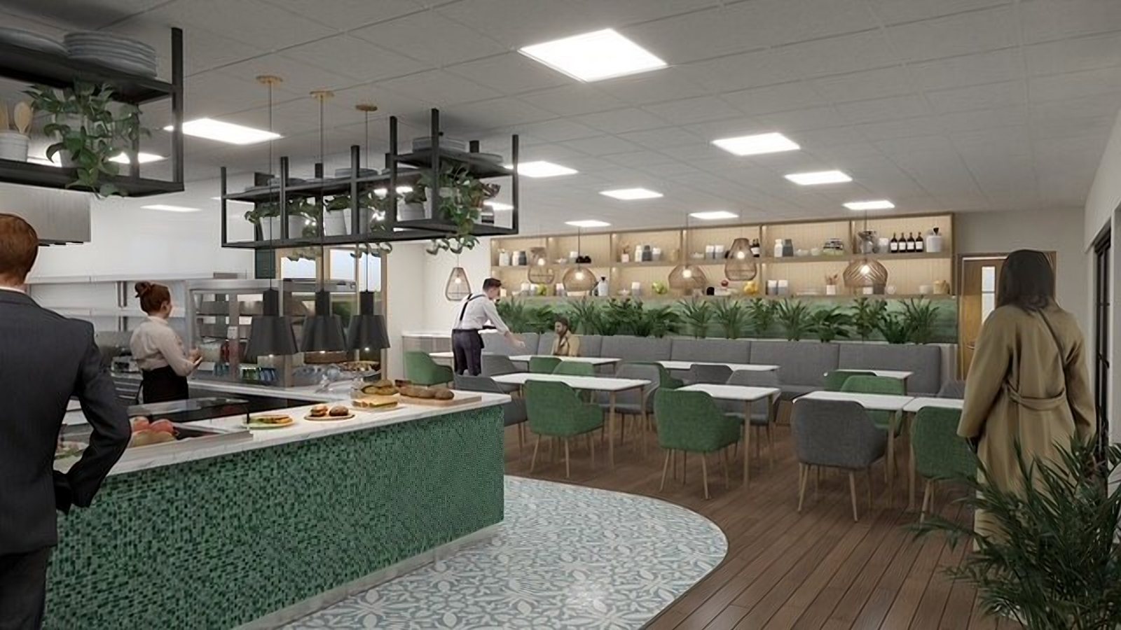 Design visual of cafe seating with a banquette under timber shelving