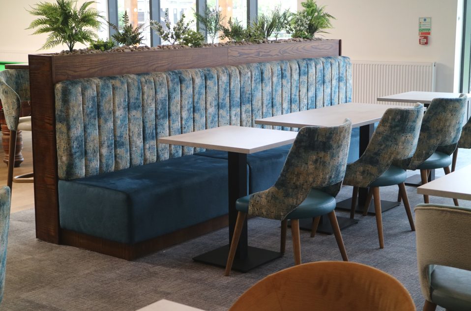Bespoke fluted banquette with timber planter at Whittingham Club