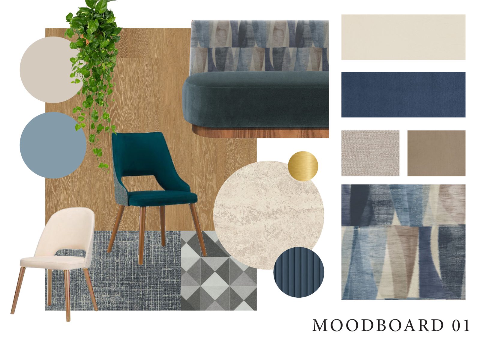 Concept moodboard one with soft blue fabrics and oak