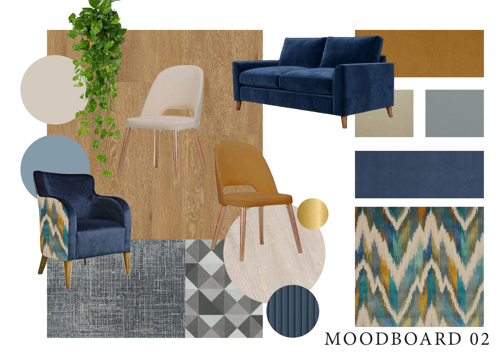 Concept moodboard two with navy and mustard upholstery
