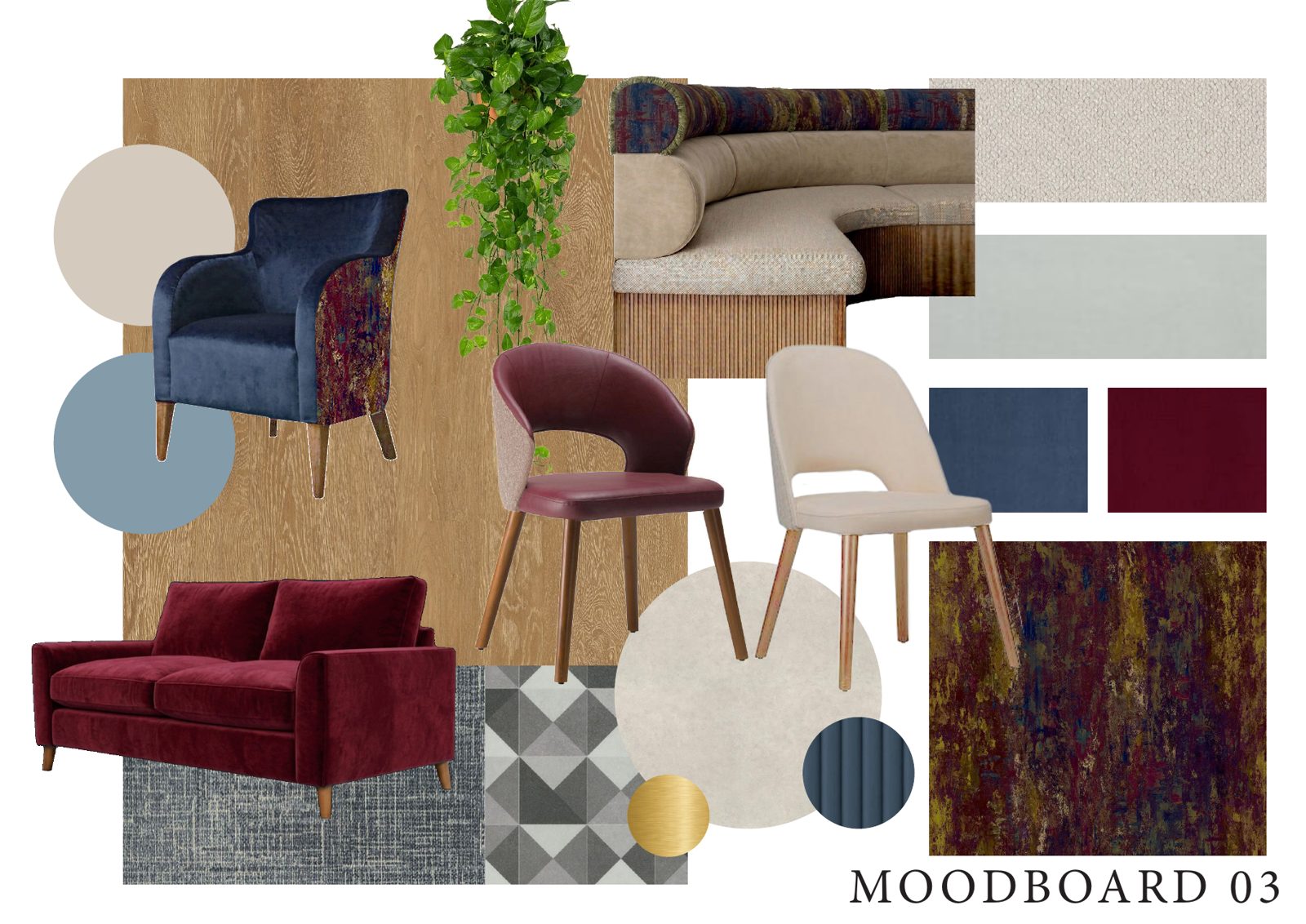 Concept moodboard three with burgundy and navy tones